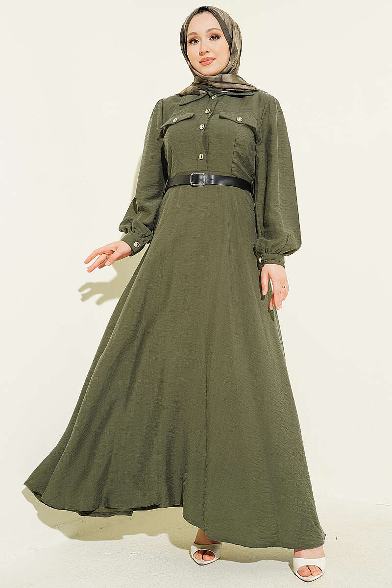 Belted Half-Button Dress with Flap Pockets - Khaki