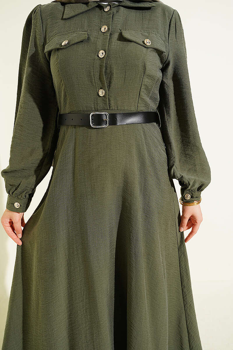 Belted Half-Button Dress with Flap Pockets - Khaki
