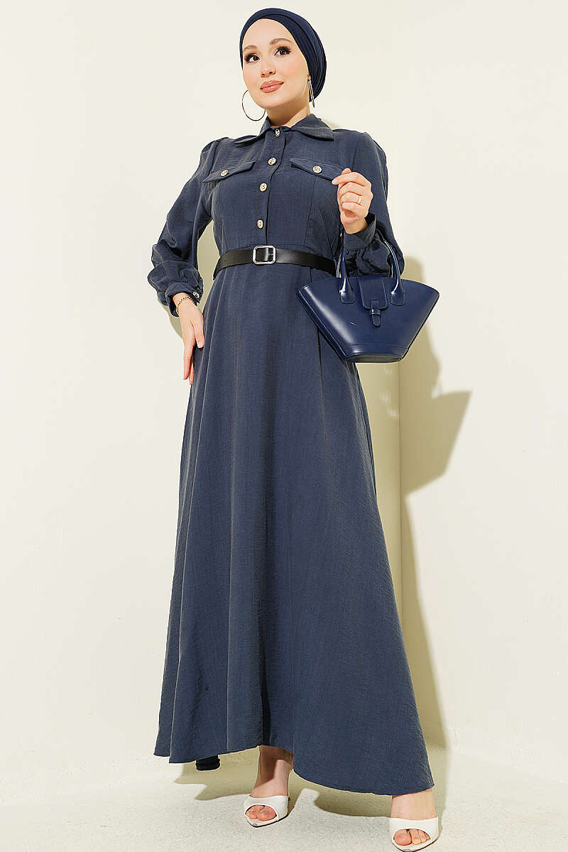 Belted Half-Button Dress with Flap Pockets - Indigo