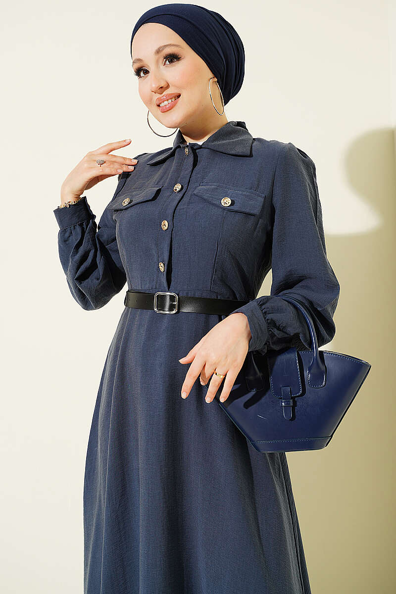 Belted Half-Button Dress with Flap Pockets - Indigo