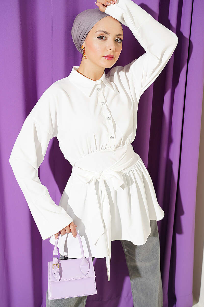 Half-Button Tunic with Self Belt - White