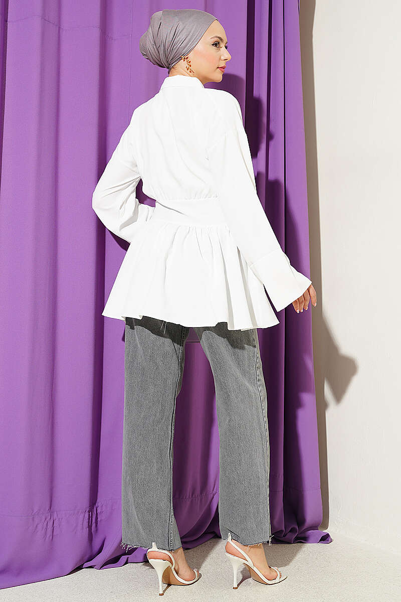 Half-Button Tunic with Self Belt - White