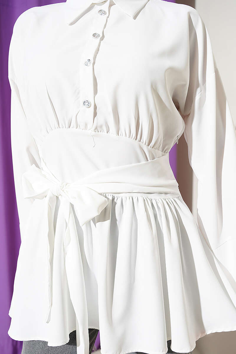 Half-Button Tunic with Self Belt - White