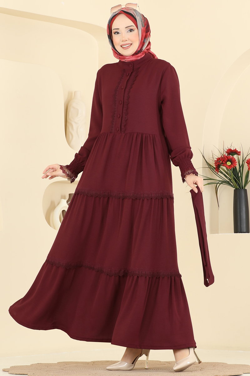 Half-Button Aerobin Dress with Sash - Burgundy