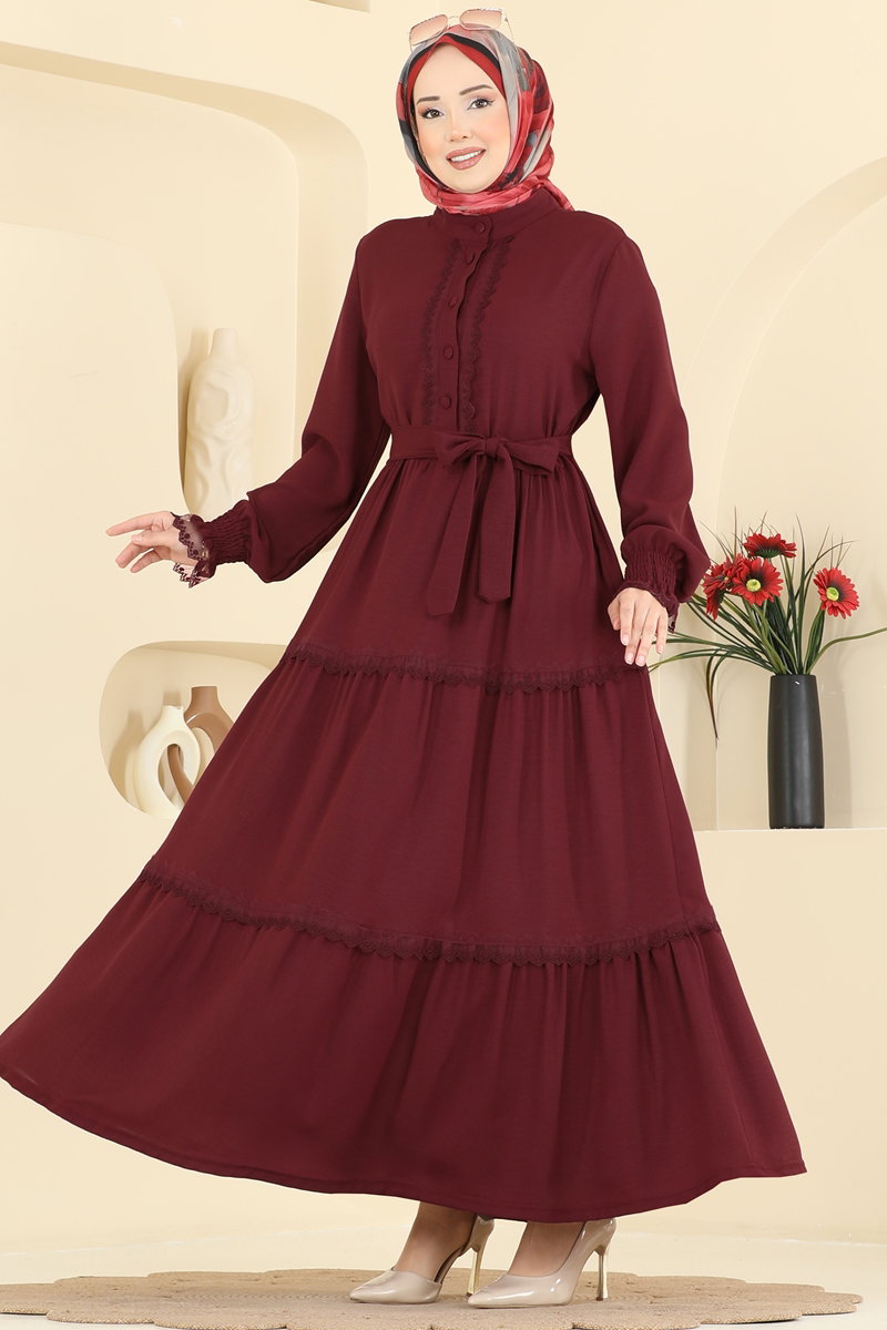 Half-Button Aerobin Dress with Sash - Burgundy