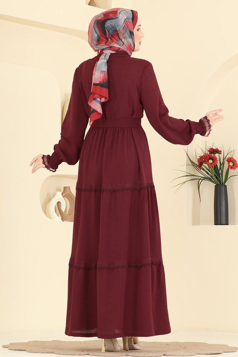 Half-Button Aerobin Dress with Sash - Burgundy