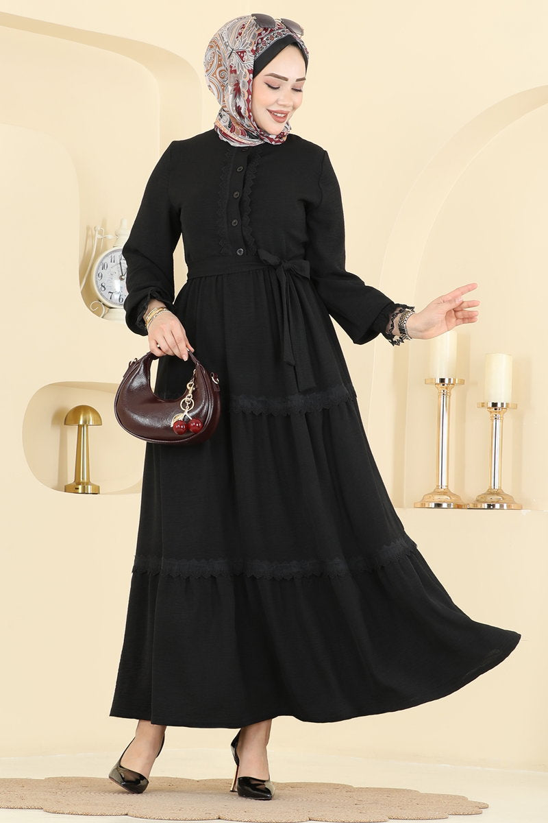 Half-Button Aerobin Dress with Sash - Black