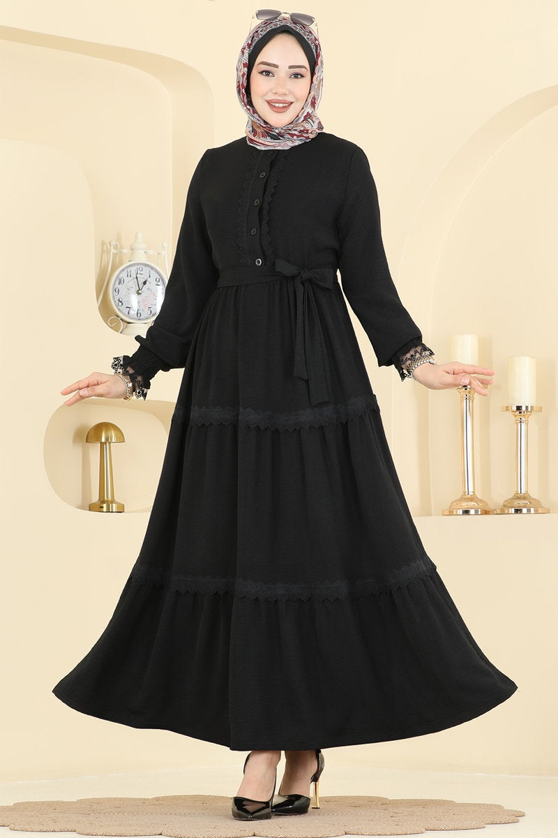 Half-Button Aerobin Dress with Sash - Black