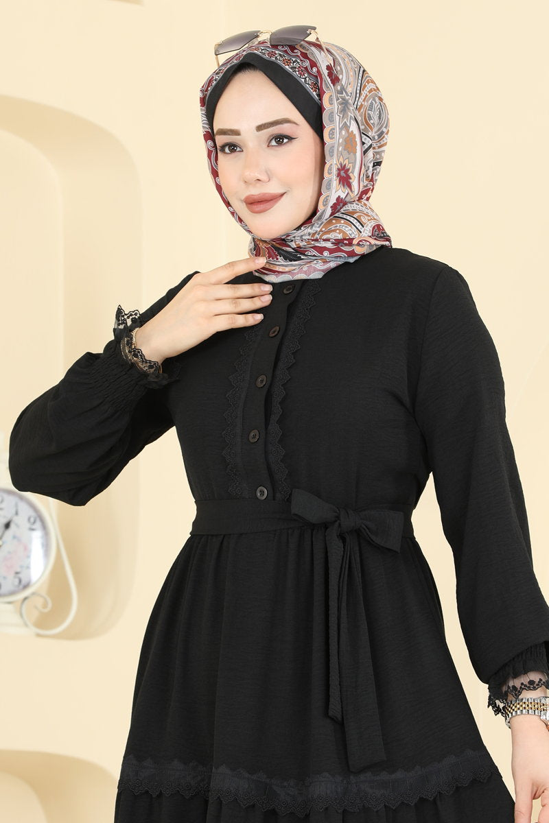 Half-Button Aerobin Dress with Sash - Black