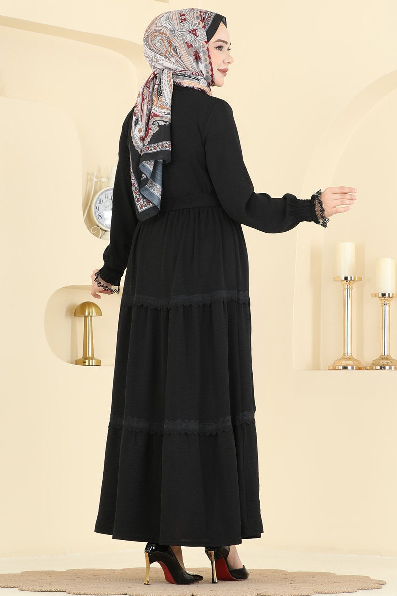 Half-Button Aerobin Dress with Sash - Black