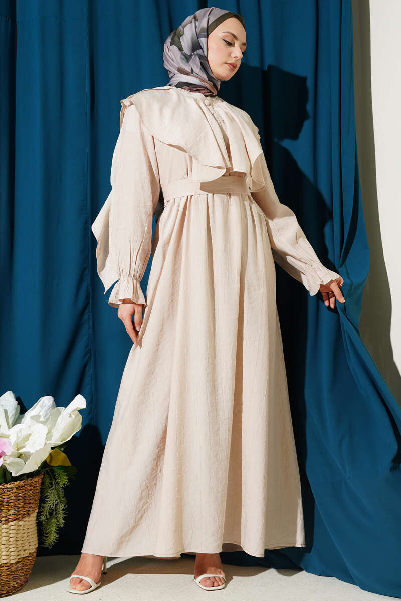 Half-Button Belted Ruffle Dress - Beige