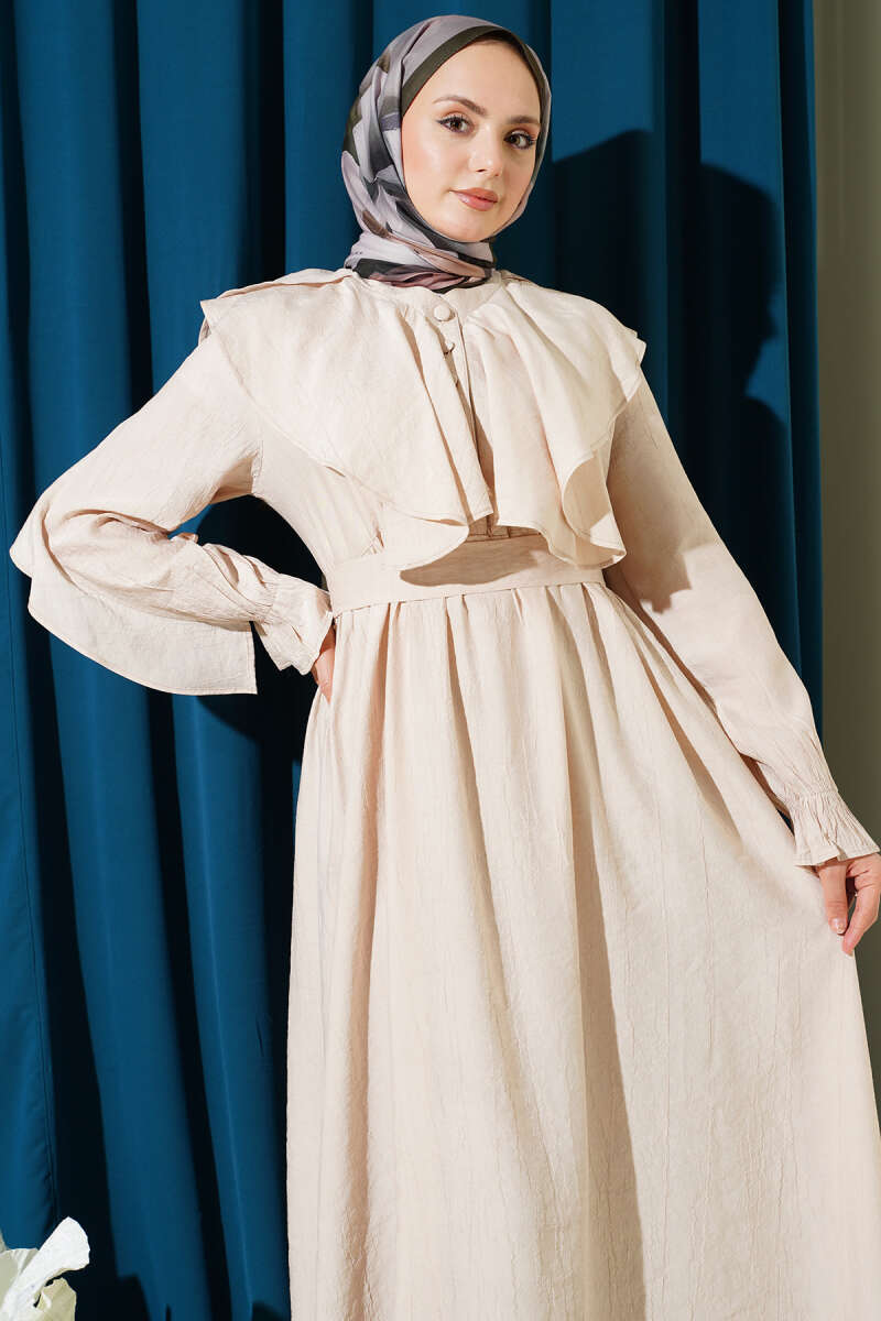 Half-Button Belted Ruffle Dress - Beige