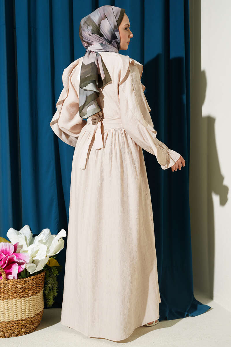 Half-Button Belted Ruffle Dress - Beige