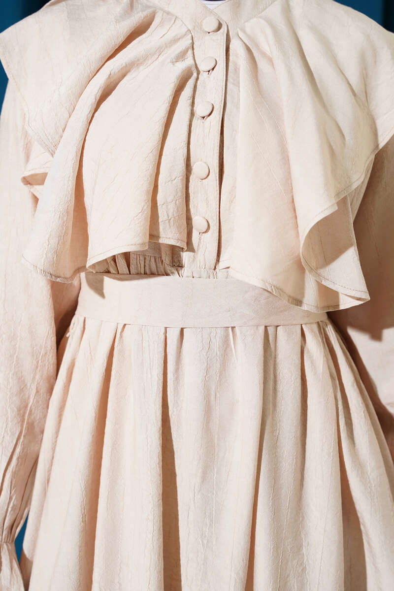 Half-Button Belted Ruffle Dress - Beige