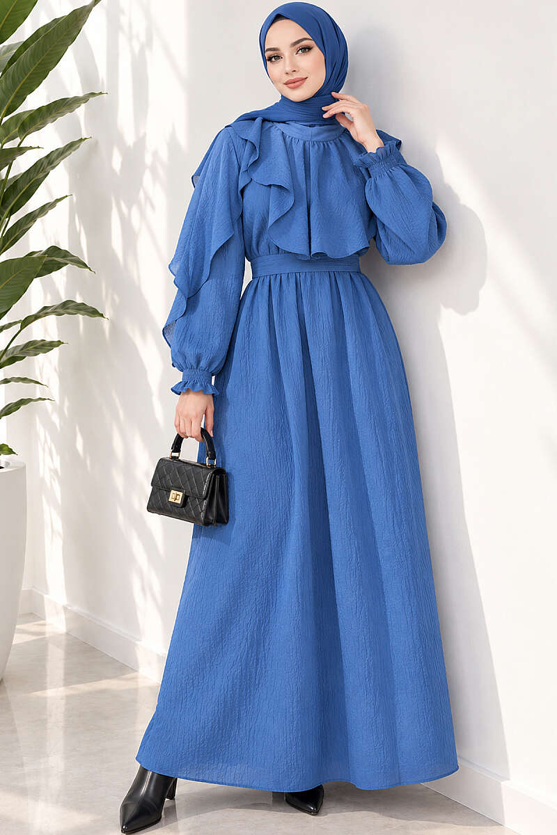 Half-Button Belted Ruffle Dress - Navy