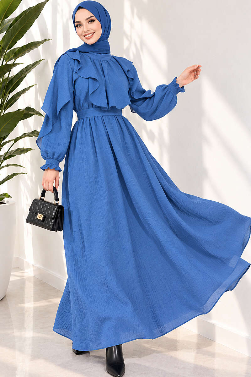 Half-Button Belted Ruffle Dress - Navy