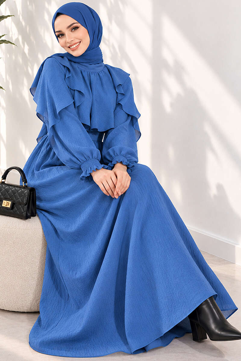 Half-Button Belted Ruffle Dress - Navy