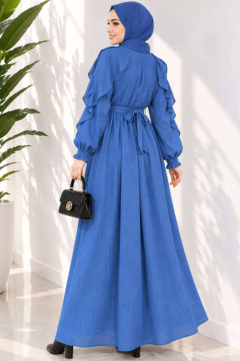 Half-Button Belted Ruffle Dress - Navy
