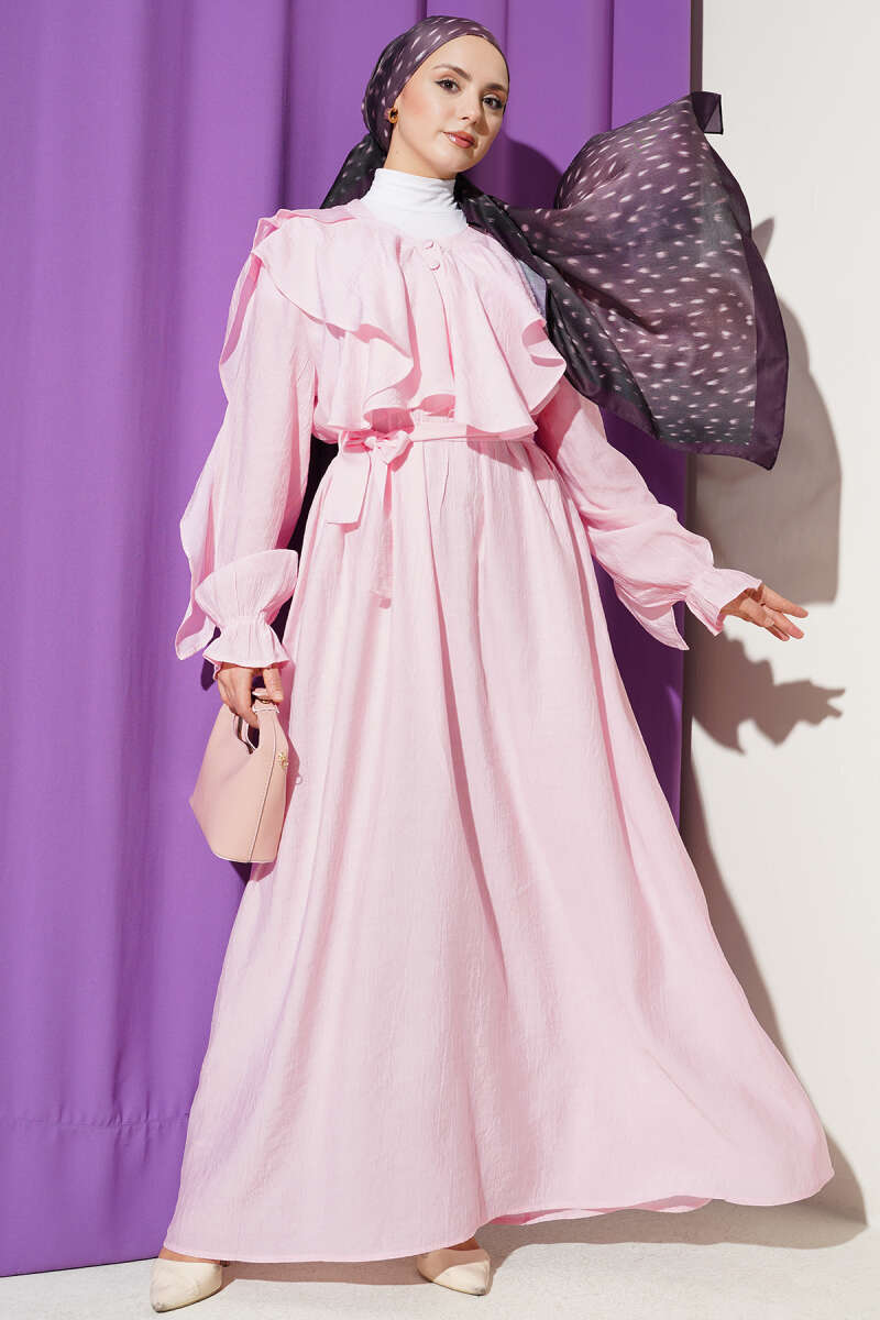 Half-Button Belted Ruffle Dress - Pink