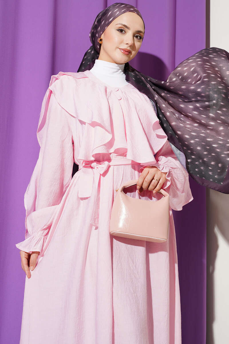 Half-Button Belted Ruffle Dress - Pink
