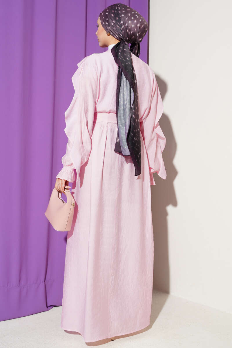 Half-Button Belted Ruffle Dress - Pink