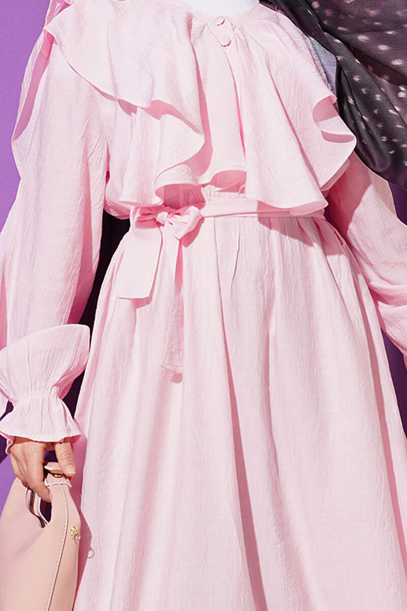 Half-Button Belted Ruffle Dress - Pink