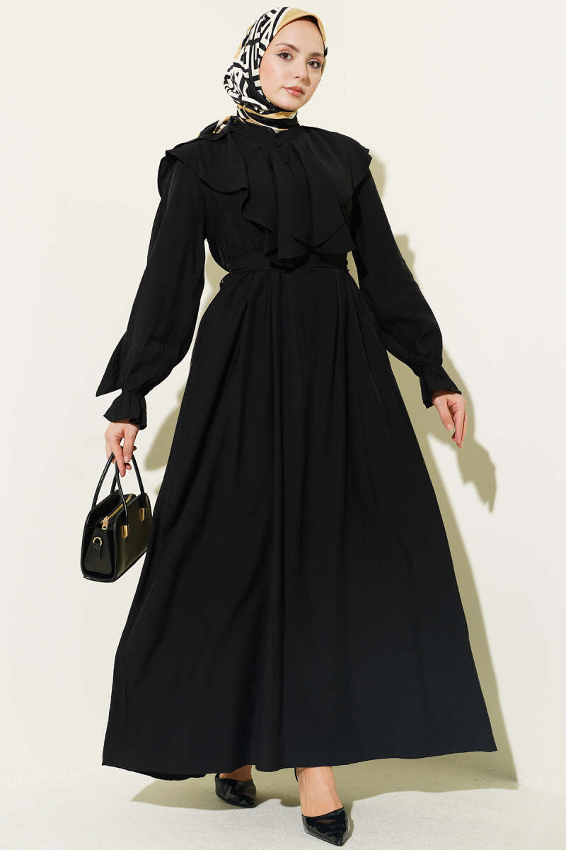 Half-Button Belted Ruffle Dress - Black