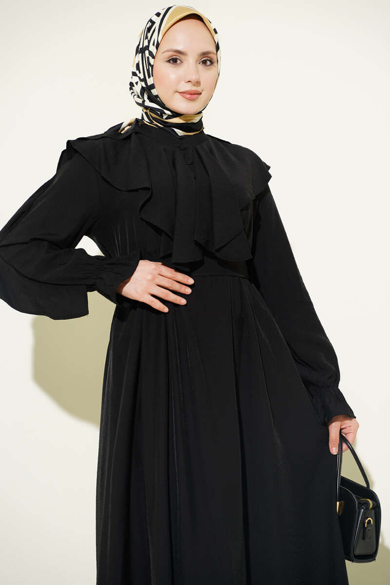 Half-Button Belted Ruffle Dress - Black