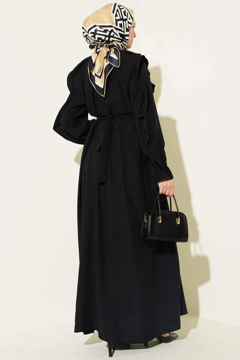 Half-Button Belted Ruffle Dress - Black