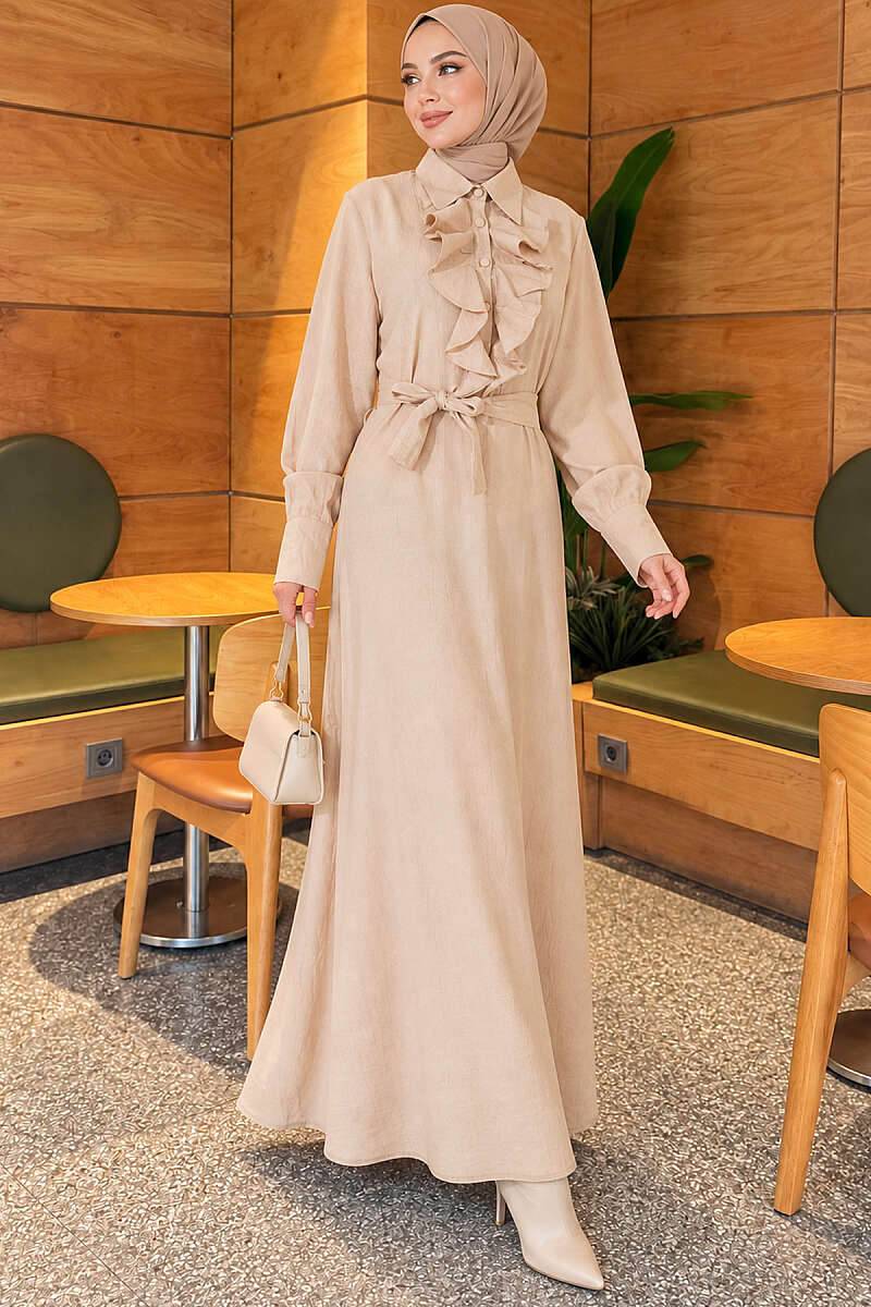 Half-Button Dress with Ruffled Front - Beige