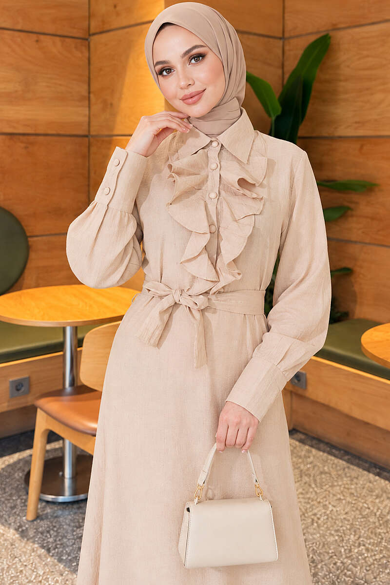 Half-Button Dress with Ruffled Front - Beige