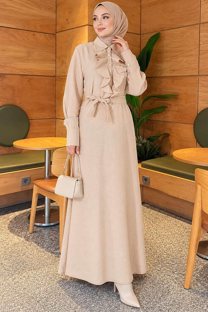 Half-Button Dress with Ruffled Front - Beige