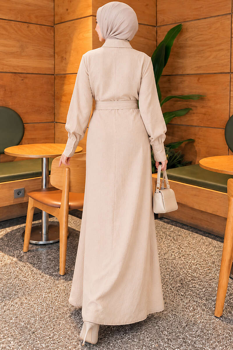 Half-Button Dress with Ruffled Front - Beige