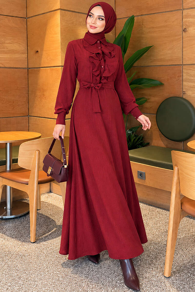Half-Button Dress with Ruffled Front - Burgundy