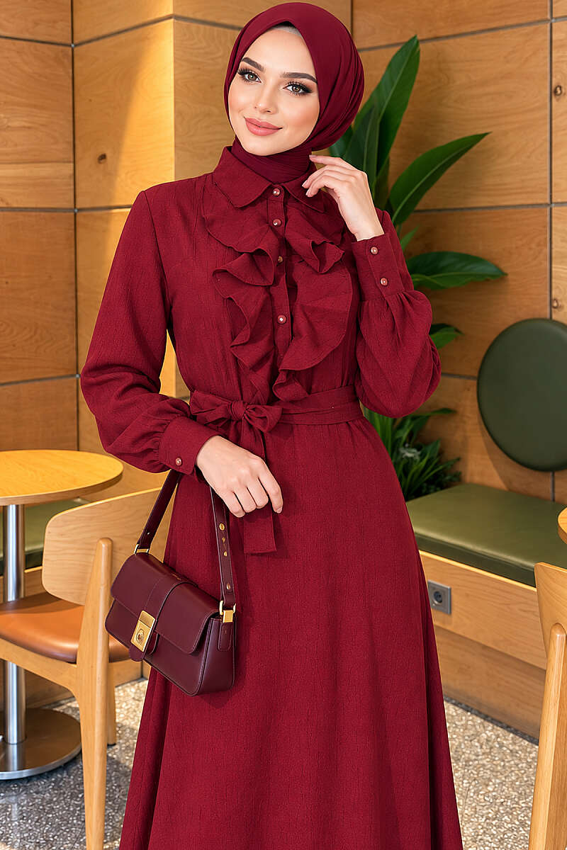 Half-Button Dress with Ruffled Front - Burgundy