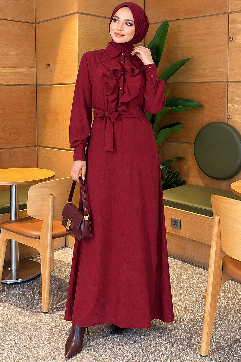 Half-Button Dress with Ruffled Front - Burgundy