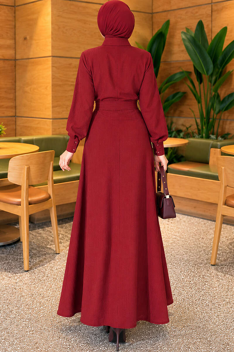 Half-Button Dress with Ruffled Front - Burgundy