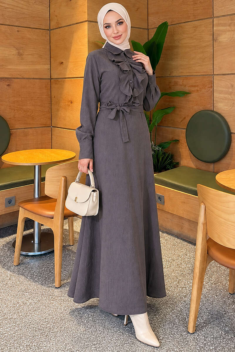 Half-Button Dress with Ruffled Front - Smoke Grey