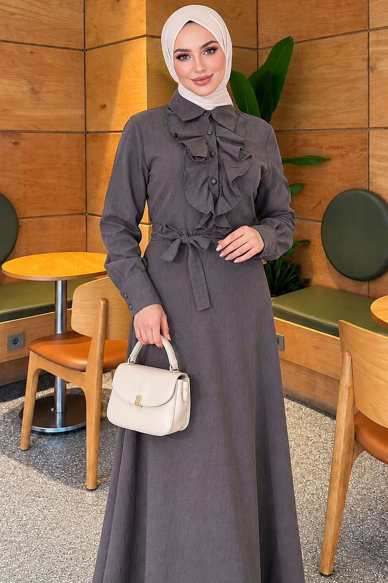 Half-Button Dress with Ruffled Front - Smoke Grey