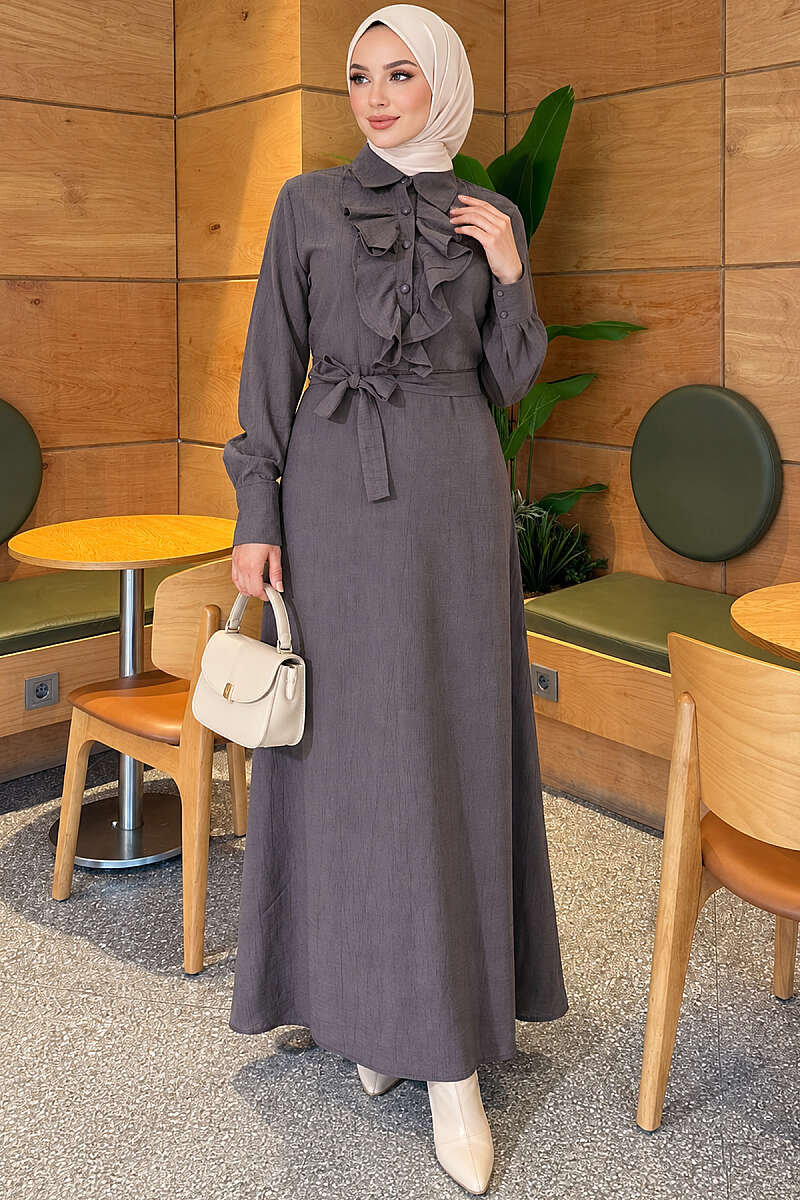 Half-Button Dress with Ruffled Front - Smoke Grey