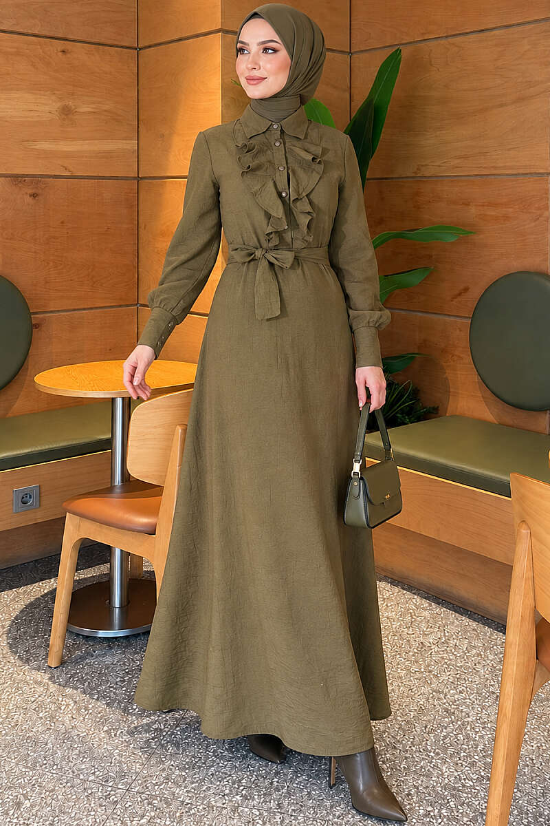 Half-Button Dress with Ruffled Front - Khaki