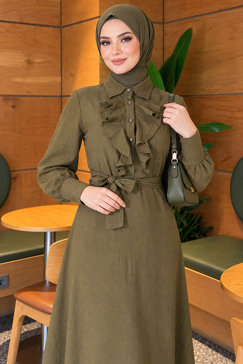 Half-Button Dress with Ruffled Front - Khaki