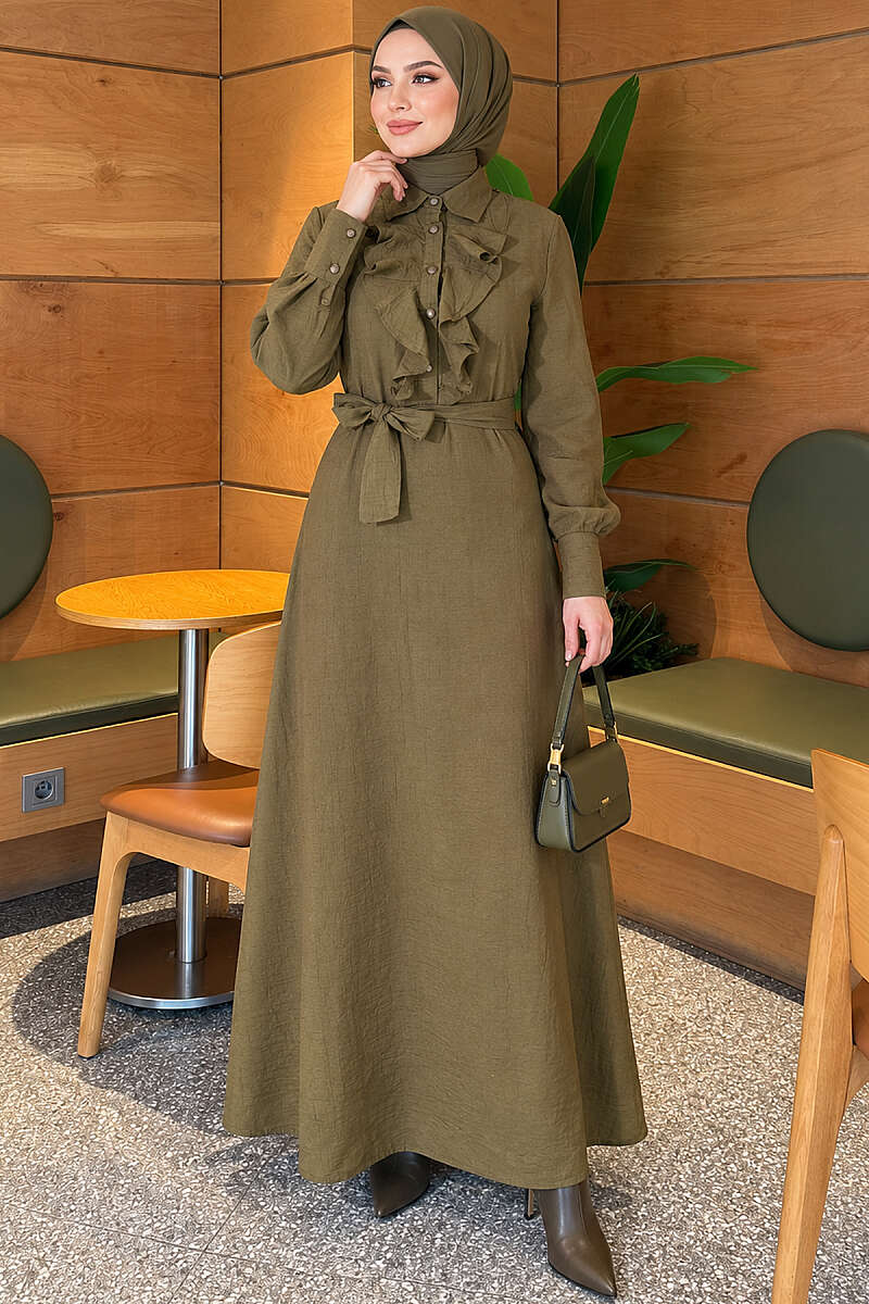 Half-Button Dress with Ruffled Front - Khaki