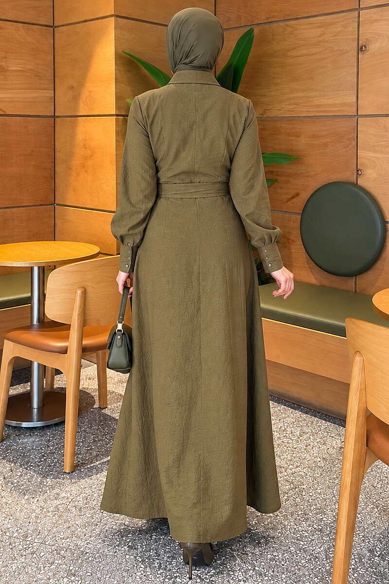 Half-Button Dress with Ruffled Front - Khaki
