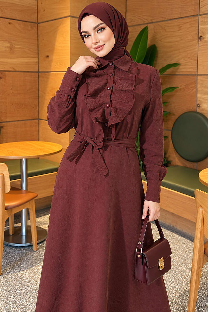 Half-Button Dress with Ruffled Front - Brown