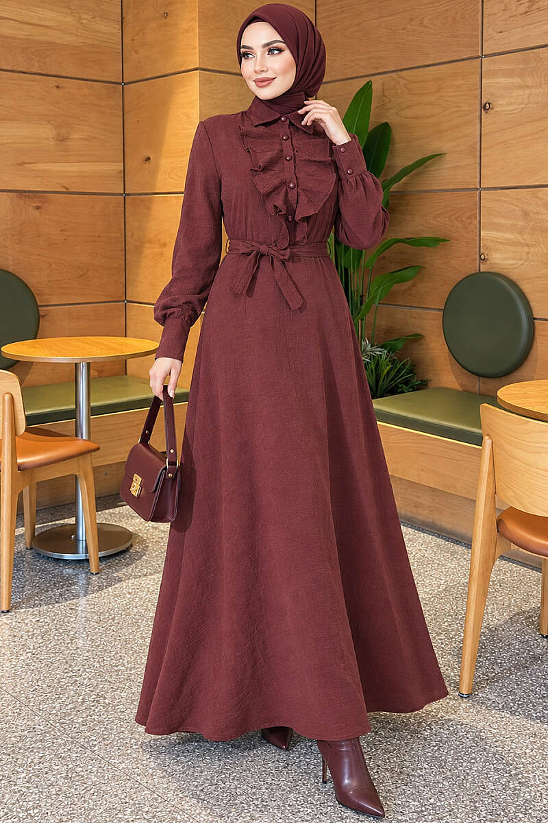Half-Button Dress with Ruffled Front - Brown