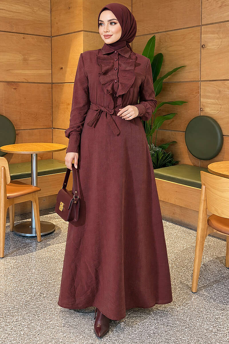 Half-Button Dress with Ruffled Front - Brown