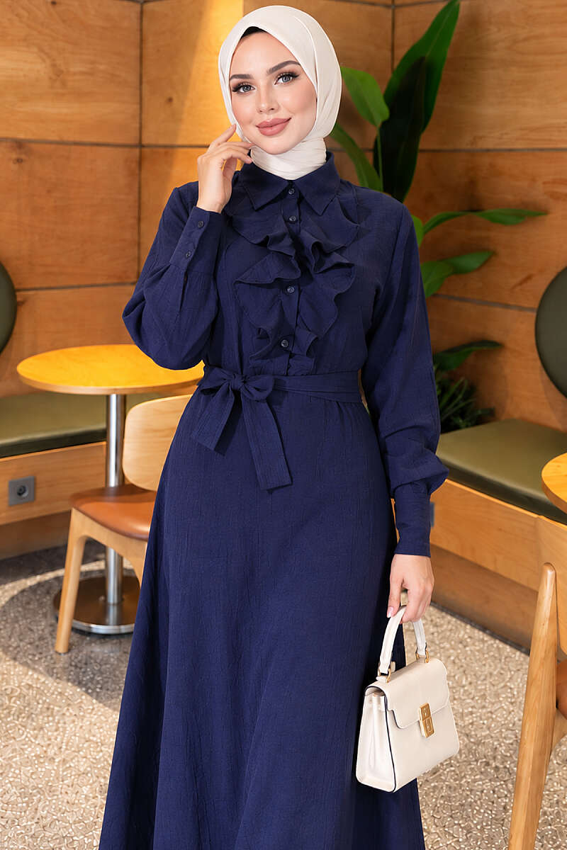 Half-Button Dress with Ruffled Front - Navy