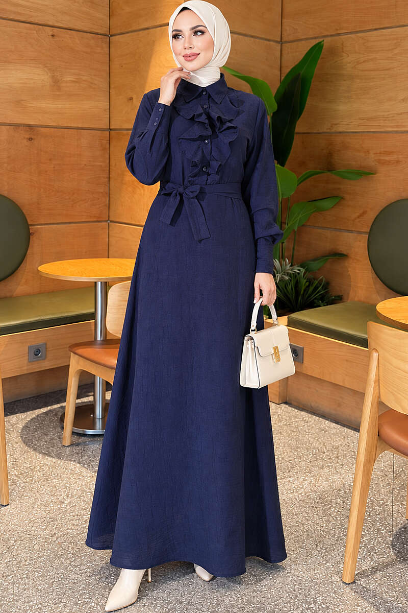 Half-Button Dress with Ruffled Front - Navy