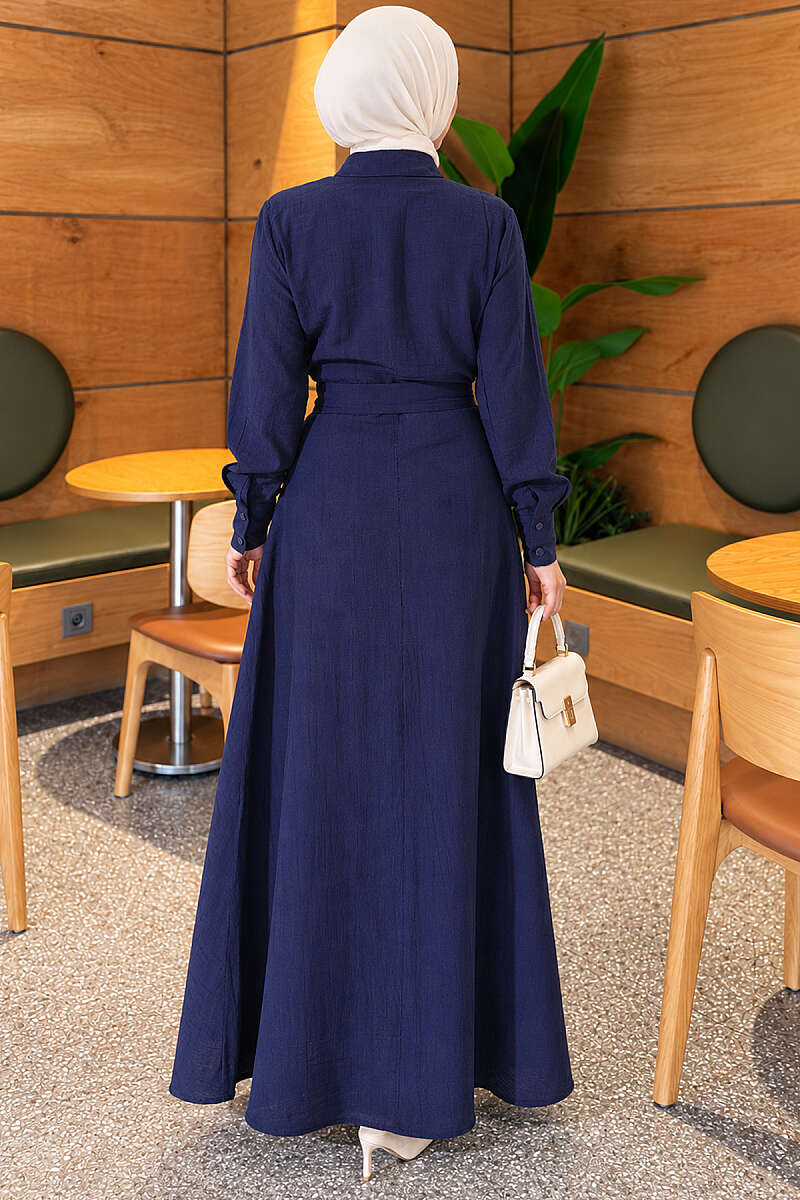 Half-Button Dress with Ruffled Front - Navy